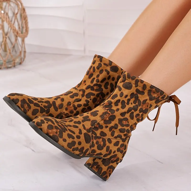 Fashion Short-thigh Boots Autumn New Pointed Toe Leopard Print Suede Soft Sole Non-slip Wear-resistant Block Heel Single Shoes