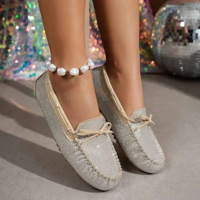 Full Diamond Flat Shoes Autumn New Round Toe Deep Mouth Bow Soft Sole Anti-slip Wear-resistant Single Shoes