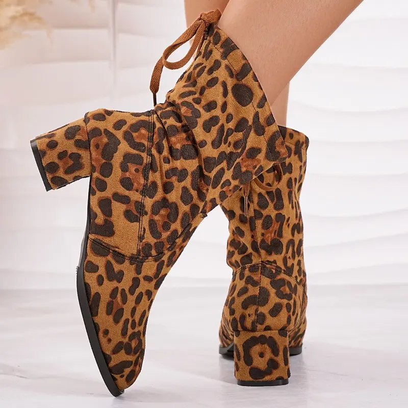 Fashion Short-thigh Boots Autumn New Pointed Toe Leopard Print Suede Soft Sole Non-slip Wear-resistant Block Heel Single Shoes