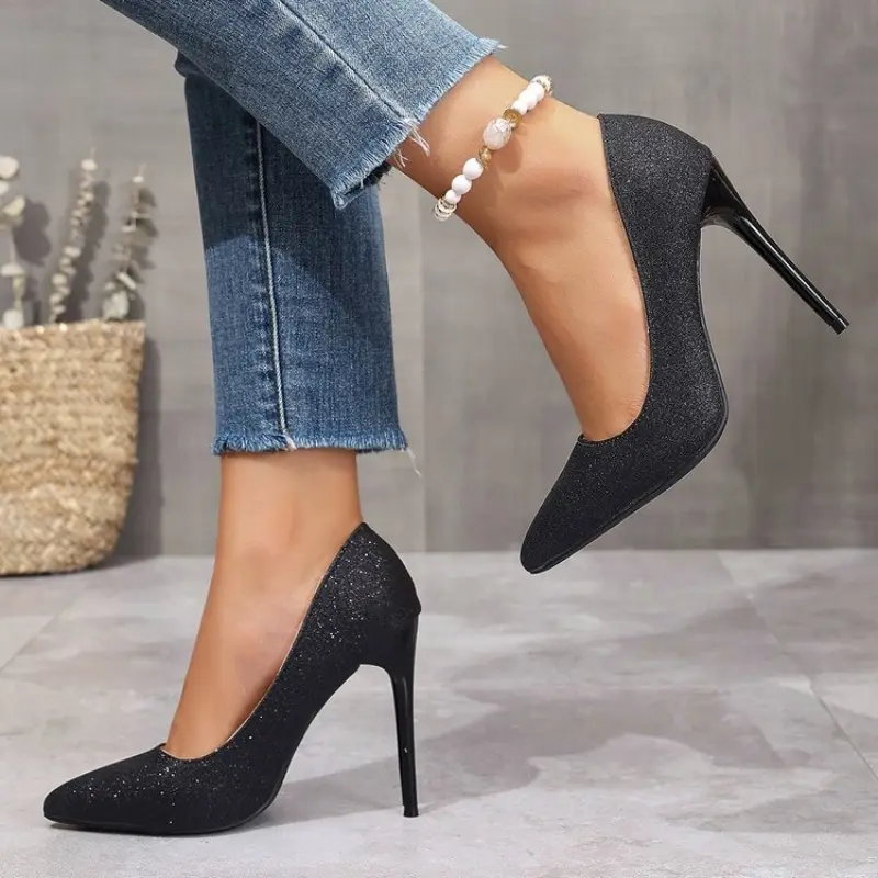 Women's Fall New Thin Heel Single Shoes Pointed Shallow Mouth Sequin A Slip-on Non-slip Quality High Heels