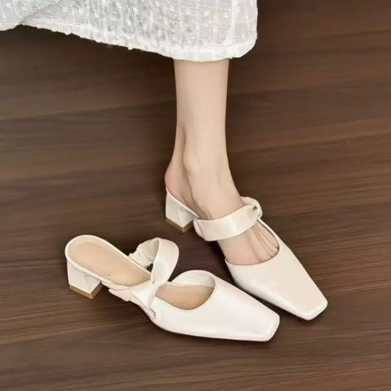 Fashion Baotou Block Heel Slippers Summer New Square Toe Shallow Cuff Foot Non-slip Wear-resistant Kitten Heel Shoes