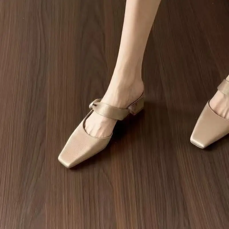 Fashion Baotou Block Heel Slippers Summer New Square Toe Shallow Cuff Foot Non-slip Wear-resistant Kitten Heel Shoes