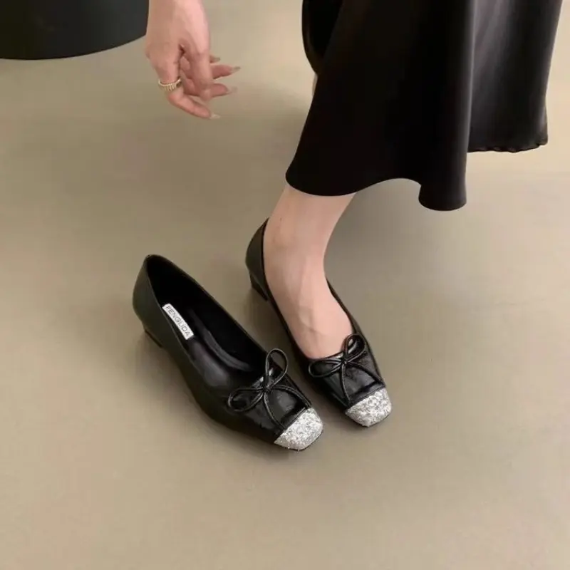 Autumn New Thick Heel Single Shoes Women's Fashion Square Head Shallow Mouth Butterfly Knot Comfortable Low Top Shoes