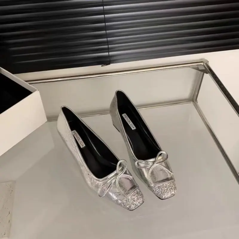 Autumn New Thick Heel Single Shoes Women's Fashion Square Head Shallow Mouth Butterfly Knot Comfortable Low Top Shoes