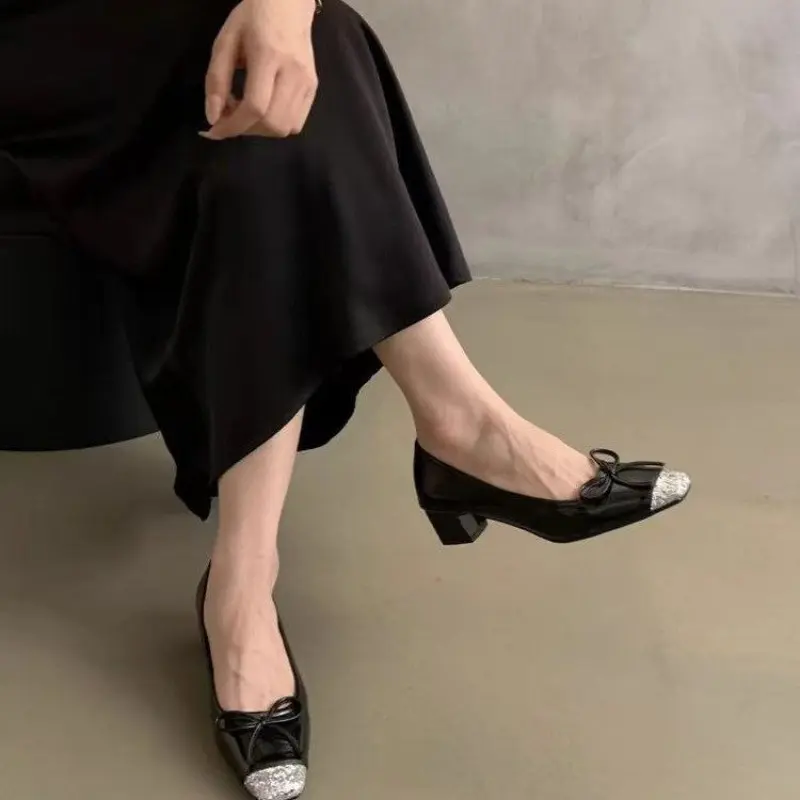 Autumn New Thick Heel Single Shoes Women's Fashion Square Head Shallow Mouth Butterfly Knot Comfortable Low Top Shoes