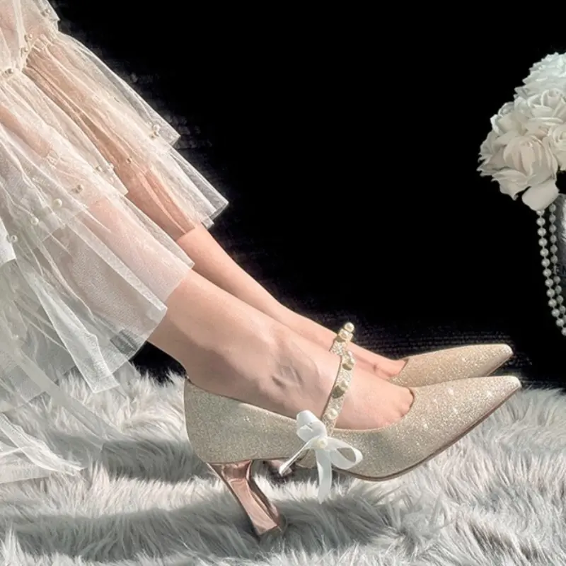 New Pearl One-Line Shallow Sequin Shoes with Pointed Toe, Non-Slip and Wear-Resistant Square Heel