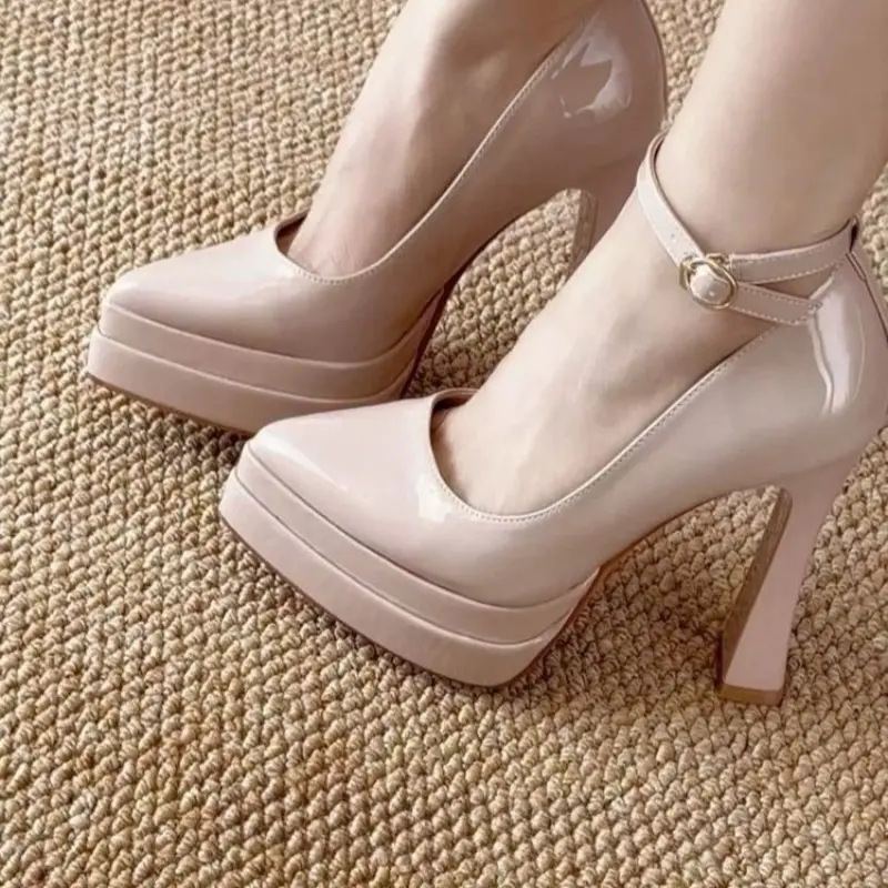Patent Leather Super High Heel Single Shoes Autumn New Pointed Toe Shallow Mouth Slip Strap Platform Non-Slip High Heels