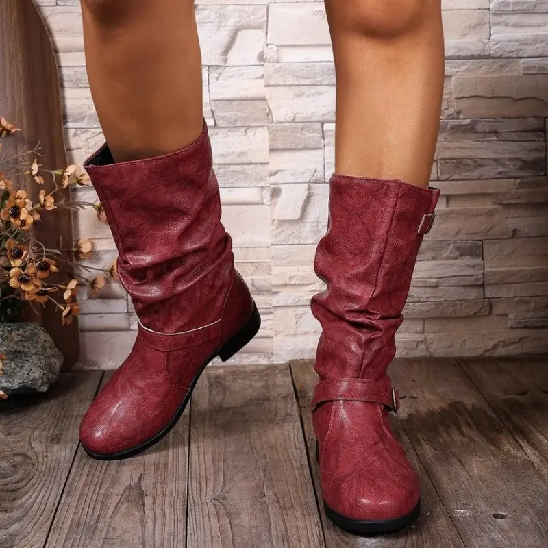 Block Heel Single Boots Autumn Women's New Round Toe Sleeve Metal Buckle Anti-slip Wear-resistant Mid-tube Boots