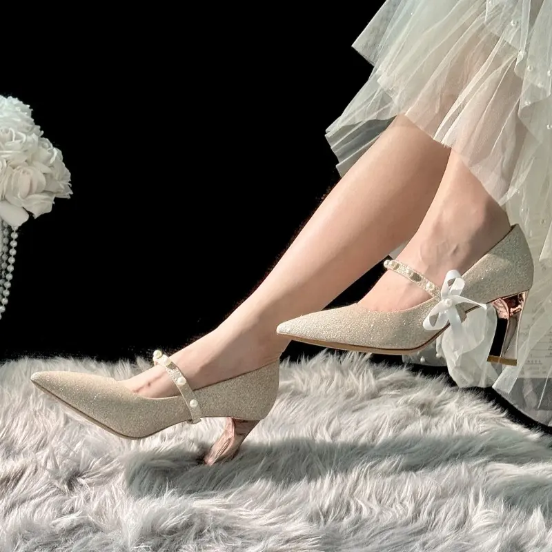 New Pearl One-Line Shallow Sequin Shoes with Pointed Toe, Non-Slip and Wear-Resistant Square Heel
