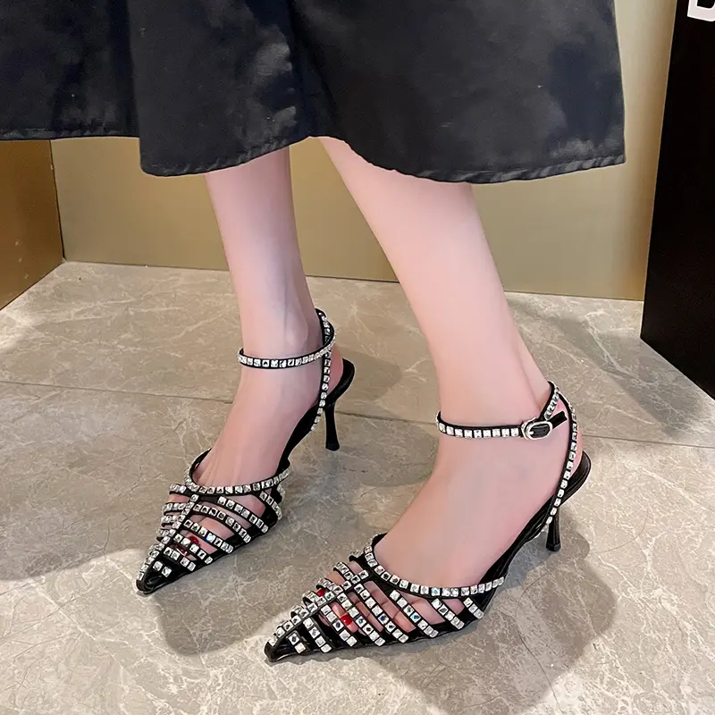 Black Sexy Rhinestone High Heels Summer New Thin Heel Hollow Breathable Bun Head Sandals Woman