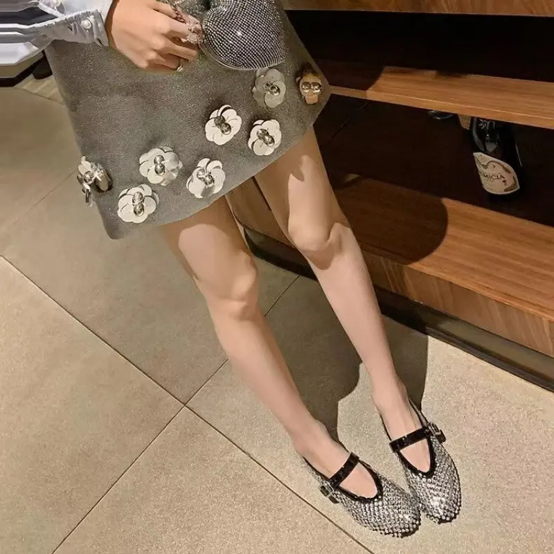 Women's Rhine-diamond Mesh Breathable Mary Jane Single Shoes Autumn New Soft Sole Non-slip Flat Shoes