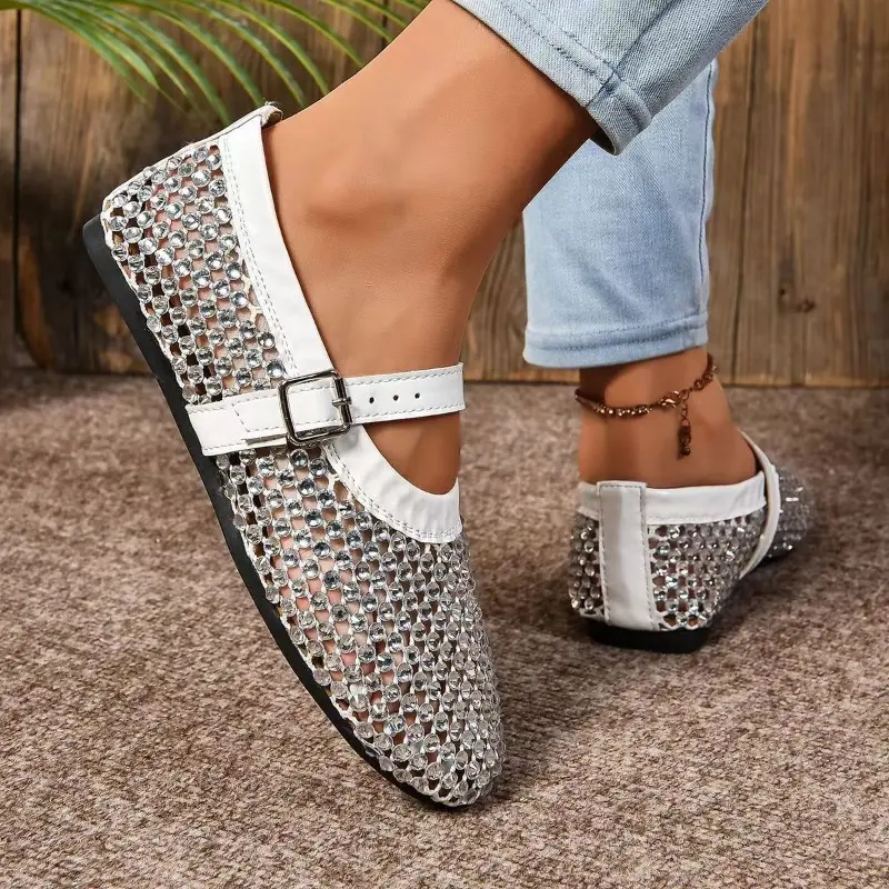 Women's Rhine-diamond Mesh Breathable Mary Jane Single Shoes Autumn New Soft Sole Non-slip Flat Shoes