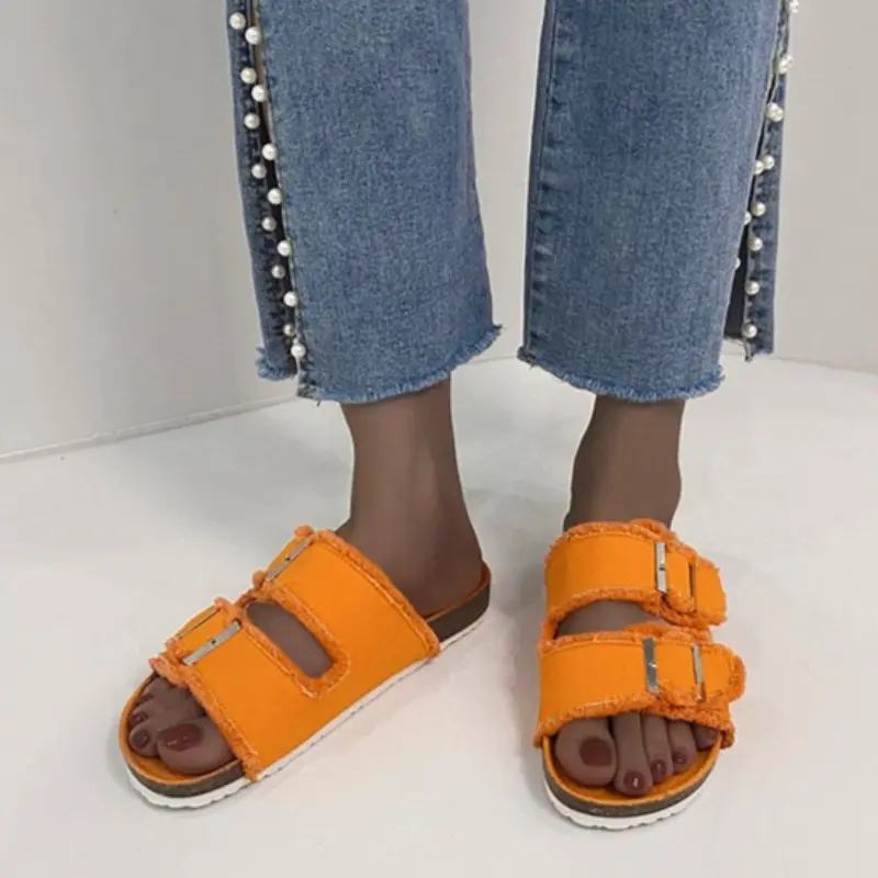 Fabric Roman Slippers Summer New Round Toe Metal Buckle Soft Sole Non-slip Wear-resistant Plus Size Flats