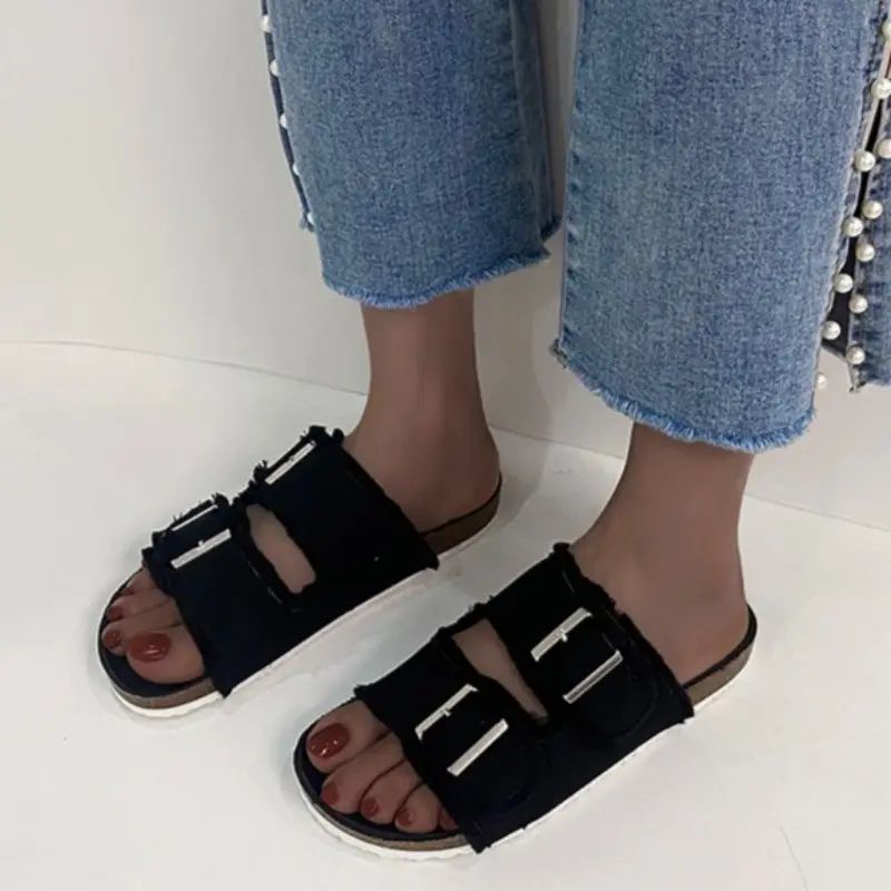 Fabric Roman Slippers Summer New Round Toe Metal Buckle Soft Sole Non-slip Wear-resistant Plus Size Flats