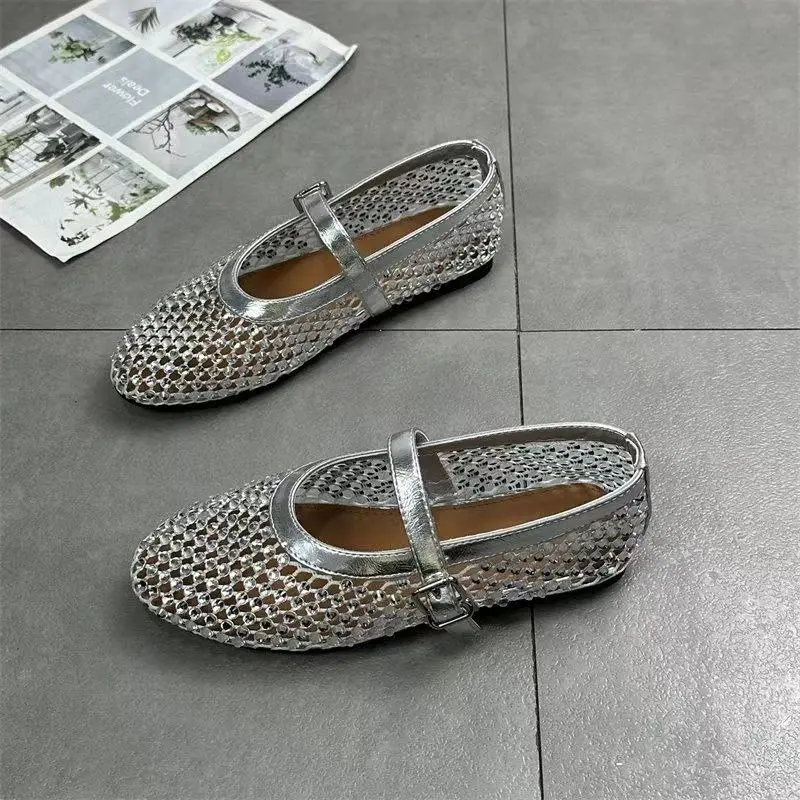 Women's Rhine-diamond Mesh Breathable Mary Jane Single Shoes Autumn New Soft Sole Non-slip Flat Shoes