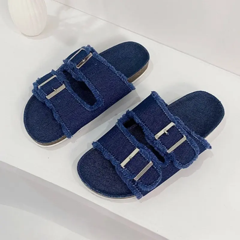 Fabric Roman Slippers Summer New Round Toe Metal Buckle Soft Sole Non-slip Wear-resistant Plus Size Flats