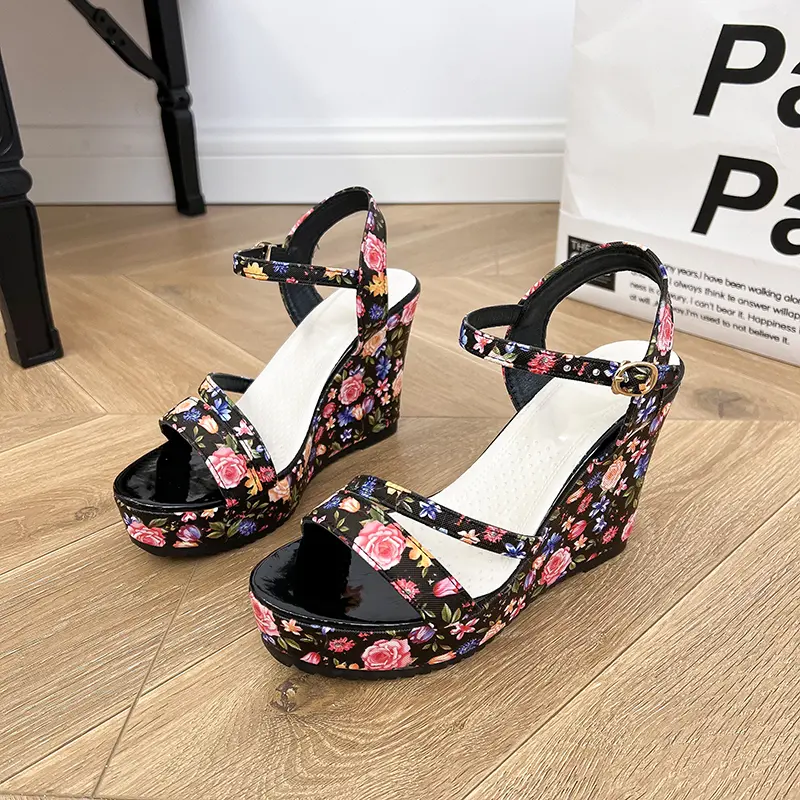Summer New Wedge-heeled Sandals Women Fashion Round Head Print Open-toe Line with Waterproof Platform High Heels