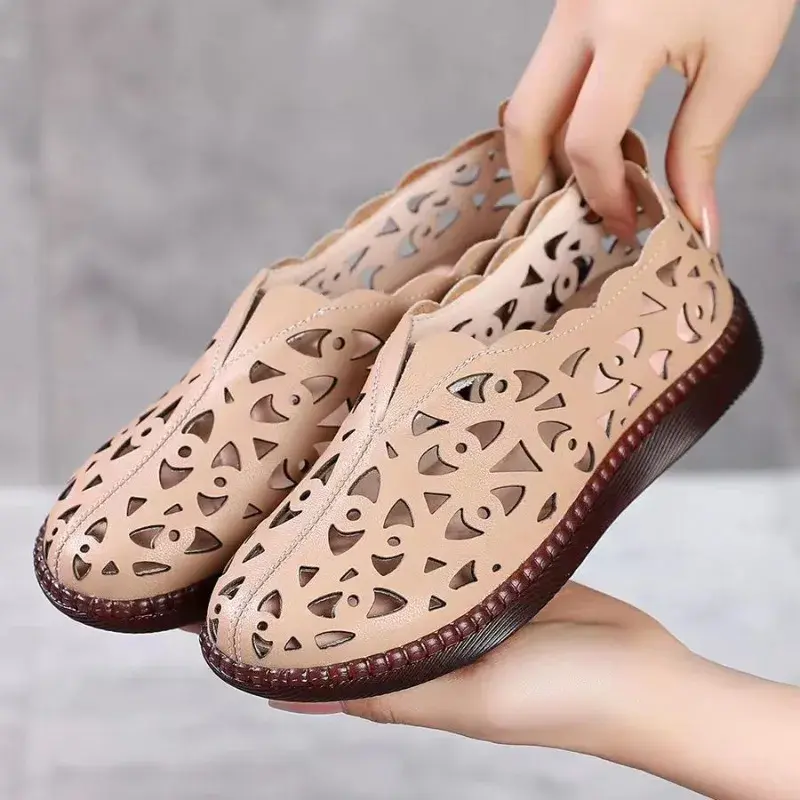 Women's Fashion Flat Sandals Spring New Round Head Deep Hollow Soft Sole Anti-slip Wear-resistant Low-top Shoes