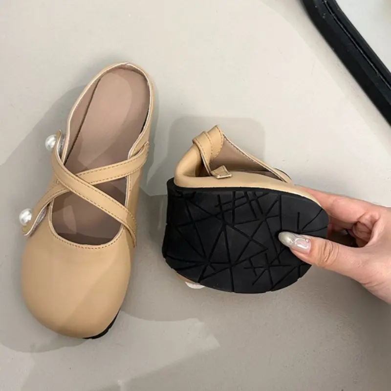 New Round Toe Shallow Mouth Soft Sole Slippers Women's Fashion Cross Pearl Band Non-slip Wrapped Head Slippers