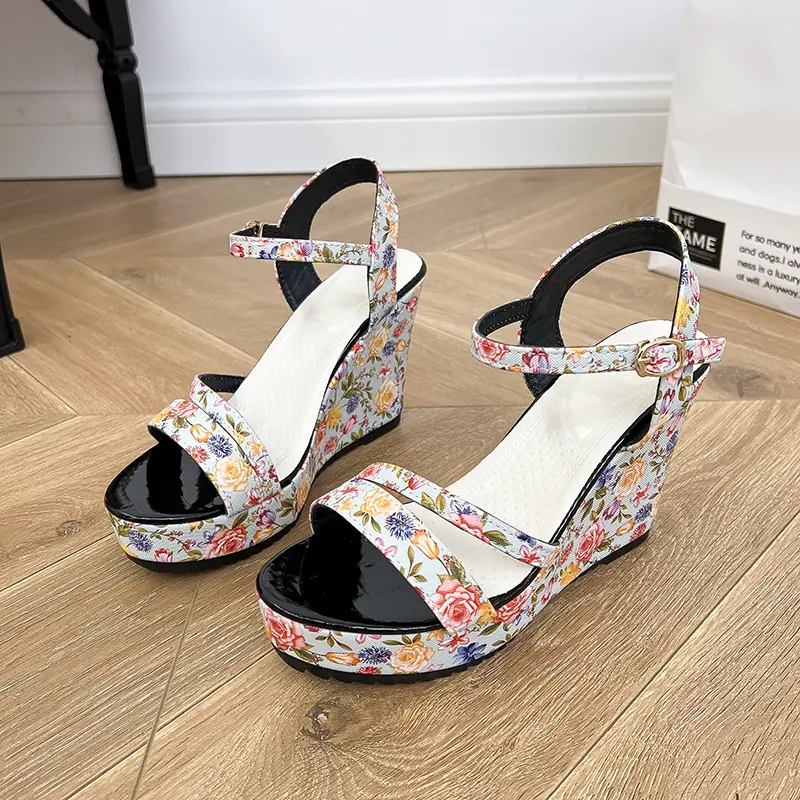Summer New Wedge-heeled Sandals Women Fashion Round Head Print Open-toe Line with Waterproof Platform High Heels