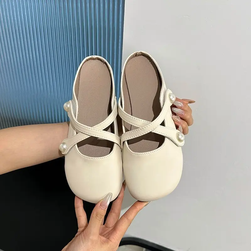 New Round Toe Shallow Mouth Soft Sole Slippers Women's Fashion Cross Pearl Band Non-slip Wrapped Head Slippers