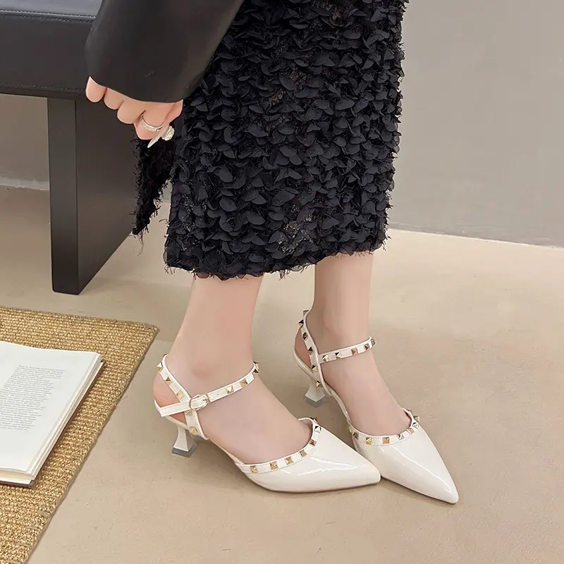 Spring and Summer New Pointed Toe Shallow Rivet Patent Leather High Heels Women's Fashion Baotou Hollow Stiletto Sandals