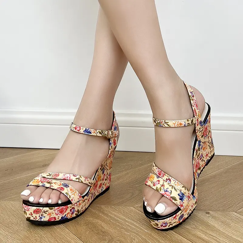 Summer New Wedge-heeled Sandals Women Fashion Round Head Print Open-toe Line with Waterproof Platform High Heels