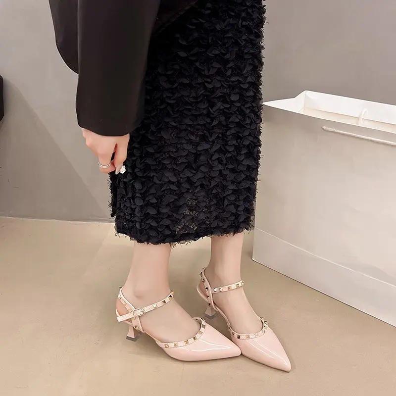 Spring and Summer New Pointed Toe Shallow Rivet Patent Leather High Heels Women's Fashion Baotou Hollow Stiletto Sandals