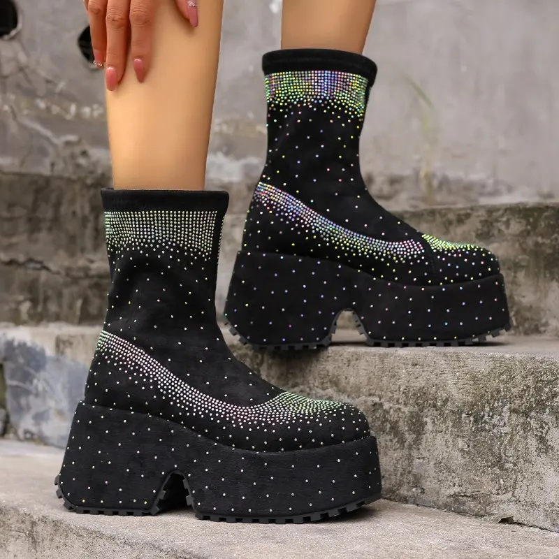 Autumn new square heel single boots women's fashion round head cloth full drill sleeve thick soled short boots