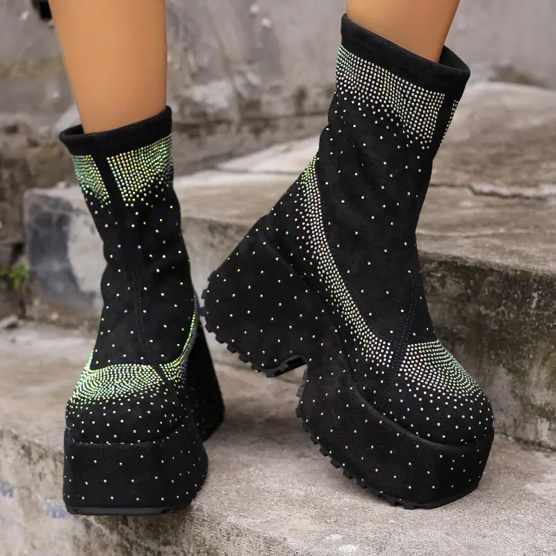 Autumn new square heel single boots women's fashion round head cloth full drill sleeve thick soled short boots