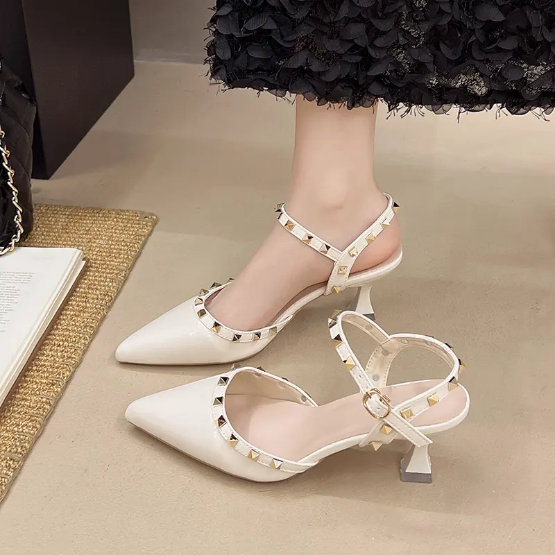 Spring and Summer New Pointed Toe Shallow Rivet Patent Leather High Heels Women's Fashion Baotou Hollow Stiletto Sandals