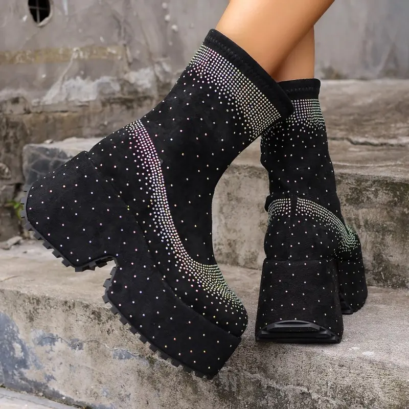 Autumn new square heel single boots women's fashion round head cloth full drill sleeve thick soled short boots
