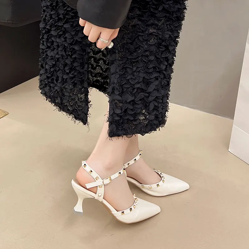Spring and Summer New Pointed Toe Shallow Rivet Patent Leather High Heels Women's Fashion Baotou Hollow Stiletto Sandals