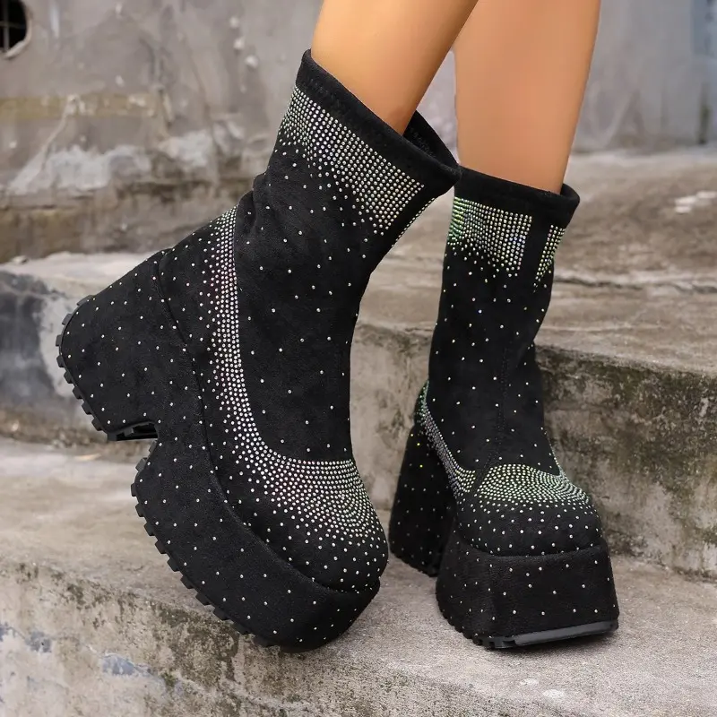 Autumn new square heel single boots women's fashion round head cloth full drill sleeve thick soled short boots
