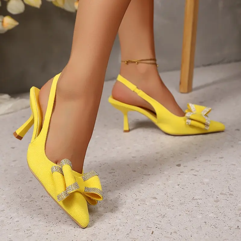 Baotou Trip Strap Pointed Toe Fashion Stiletto Sandals Pointed Toe Shallow Mouth Temperament Crystal Bow Heels