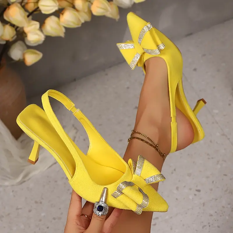 Baotou Trip Strap Pointed Toe Fashion Stiletto Sandals Pointed Toe Shallow Mouth Temperament Crystal Bow Heels