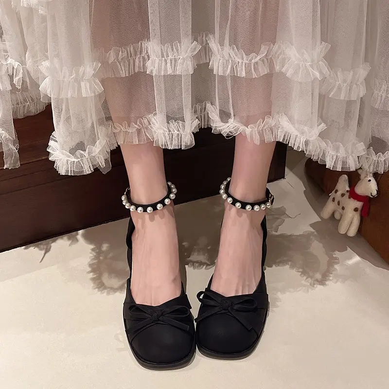 French Bow Block Heel Mary Jane Shoes Women's Summer New Square Toe Shallow Mouth Beaded High Heel Fashion Sandals