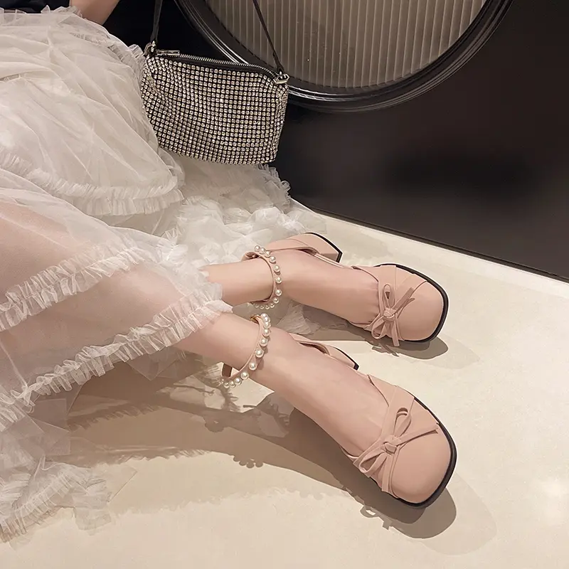 French Bow Block Heel Mary Jane Shoes Women's Summer New Square Toe Shallow Mouth Beaded High Heel Fashion Sandals