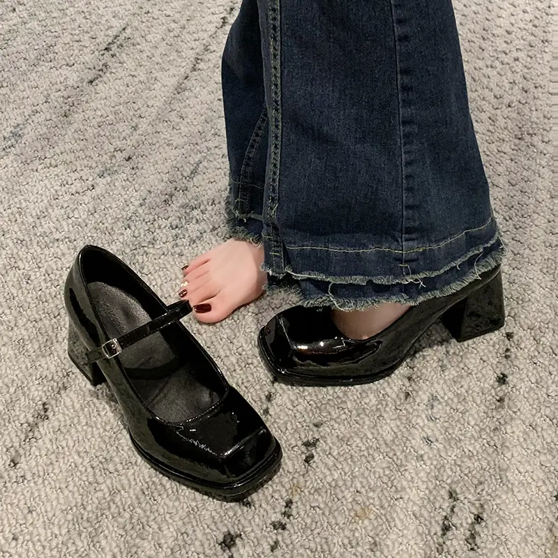 Mary Jane Single Shoes Women's New Autumn Patent Leather Square Toe Shallow Mouth One Strap Non-Slip Block Heel Pump Shoes