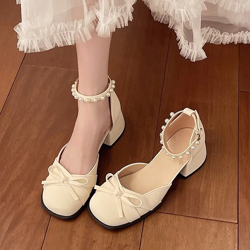 French Bow Block Heel Mary Jane Shoes Women's Summer New Square Toe Shallow Mouth Beaded High Heel Fashion Sandals