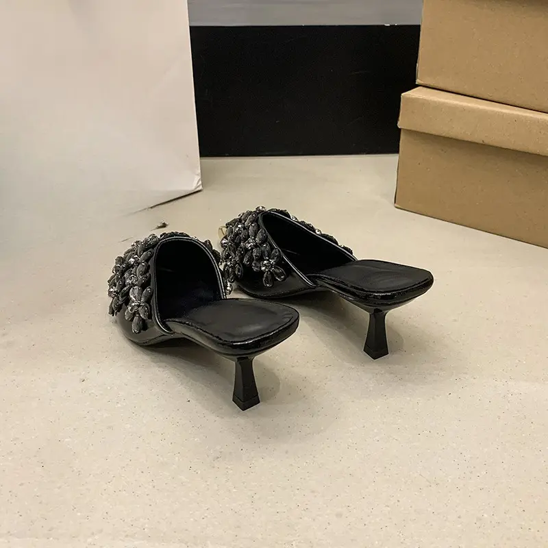 Pointed Toe Stiletto High Heel Baotou Half Drag Summer New Rhinestone Flower Fairy Wind Metal Head Cold Slippers Outside Wear