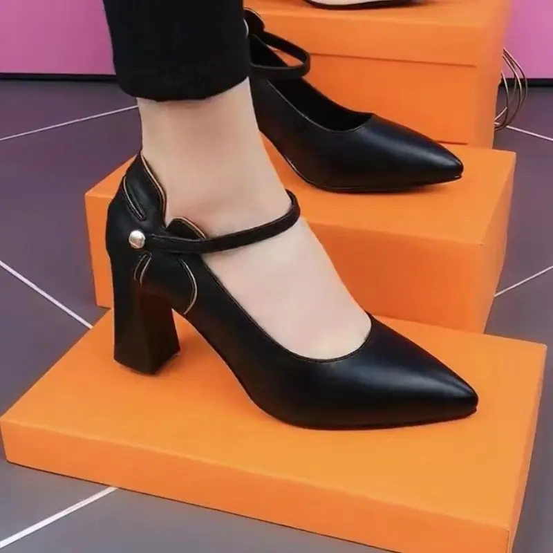 Spring New Soft Leather Simple Shallow Heels Pointed Toe Plus Size One Word Strap Versatile Soft Sole Single Shoes for Women