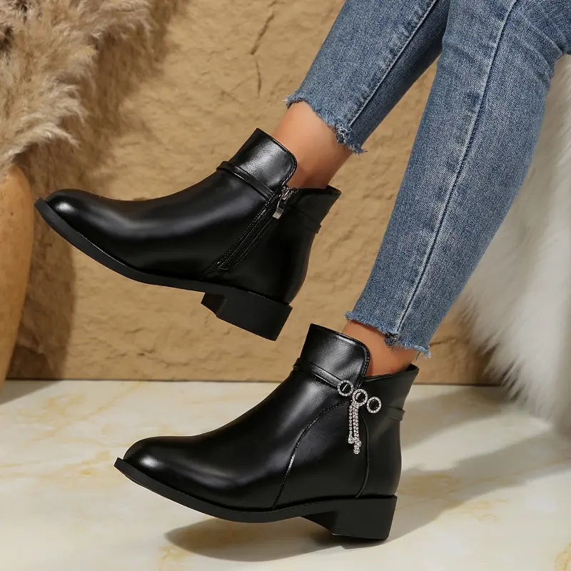Women's Fashion Cotton Boots Winter New Round Head Side Zipper Glitter Anti-slip Wear-resistant Ankle Boots