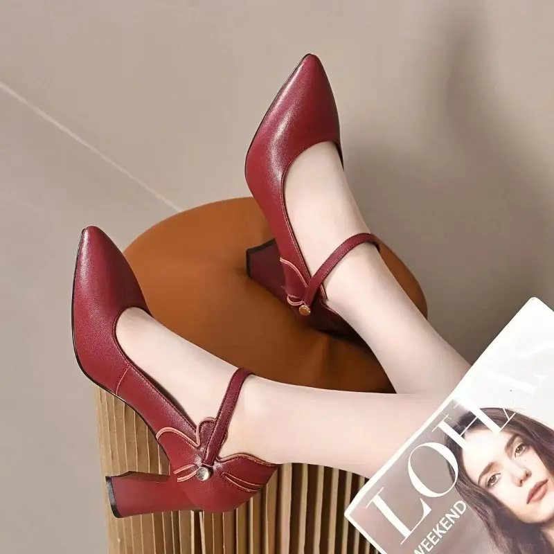 Spring New Soft Leather Simple Shallow Heels Pointed Toe Plus Size One Word Strap Versatile Soft Sole Single Shoes for Women