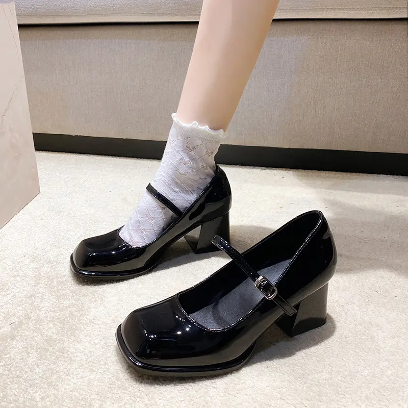 Mary Jane Single Shoes Women's New Autumn Patent Leather Square Toe Shallow Mouth One Strap Non-Slip Block Heel Pump Shoes