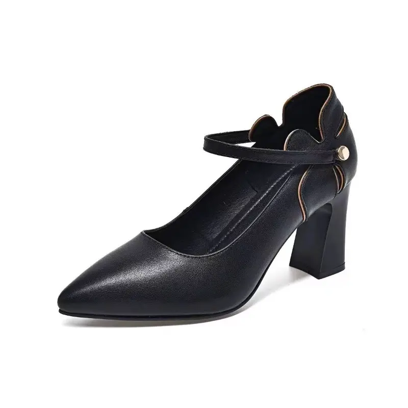 Spring New Soft Leather Simple Shallow Heels Pointed Toe Plus Size One Word Strap Versatile Soft Sole Single Shoes for Women