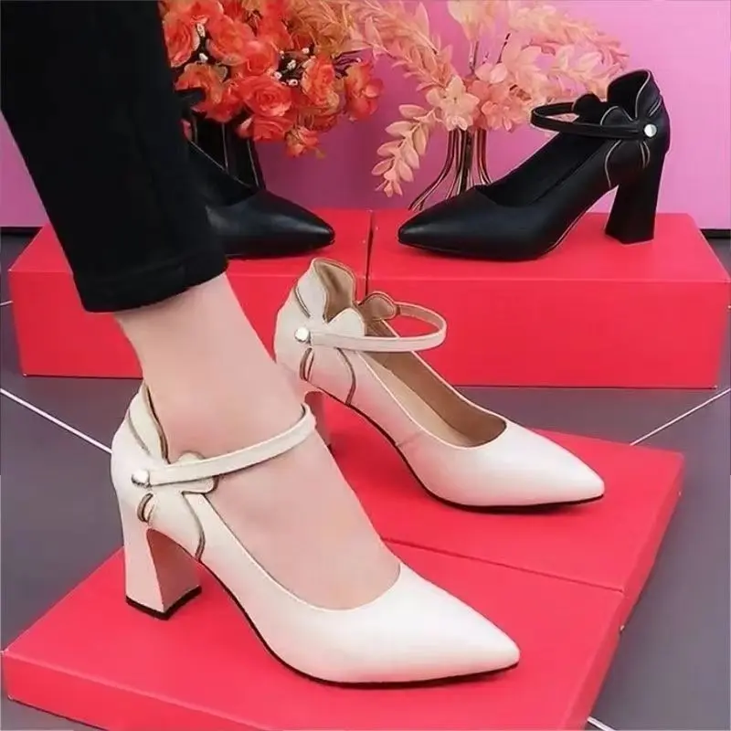 Spring New Soft Leather Simple Shallow Heels Pointed Toe Plus Size One Word Strap Versatile Soft Sole Single Shoes for Women