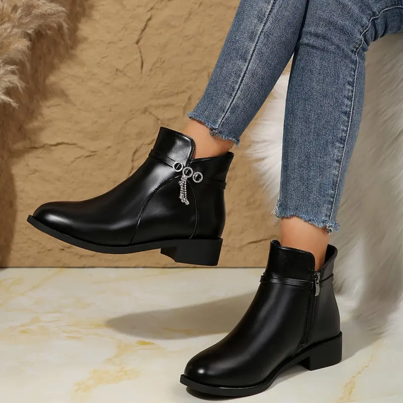 Women's Fashion Cotton Boots Winter New Round Head Side Zipper Glitter Anti-slip Wear-resistant Ankle Boots