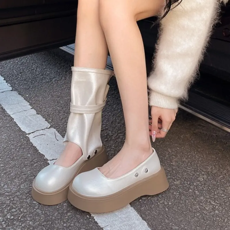 Two-wear Platform Single Shoes Autumn New Round Toe Shallow Socket Metal One-band Non-slip Wear-resistant Kitten Heel Shoes