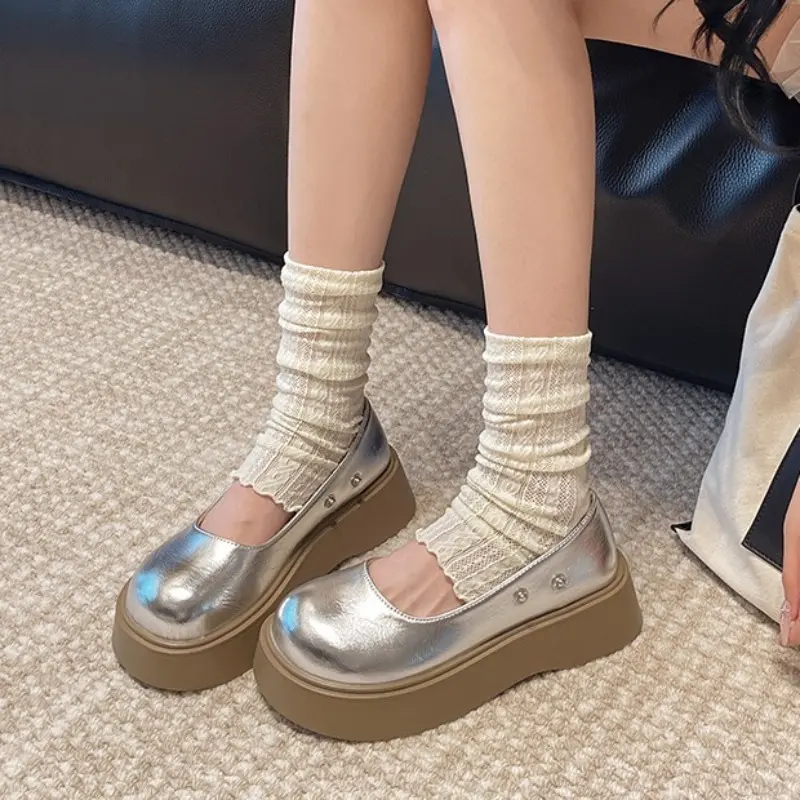 Two-wear Platform Single Shoes Autumn New Round Toe Shallow Socket Metal One-band Non-slip Wear-resistant Kitten Heel Shoes